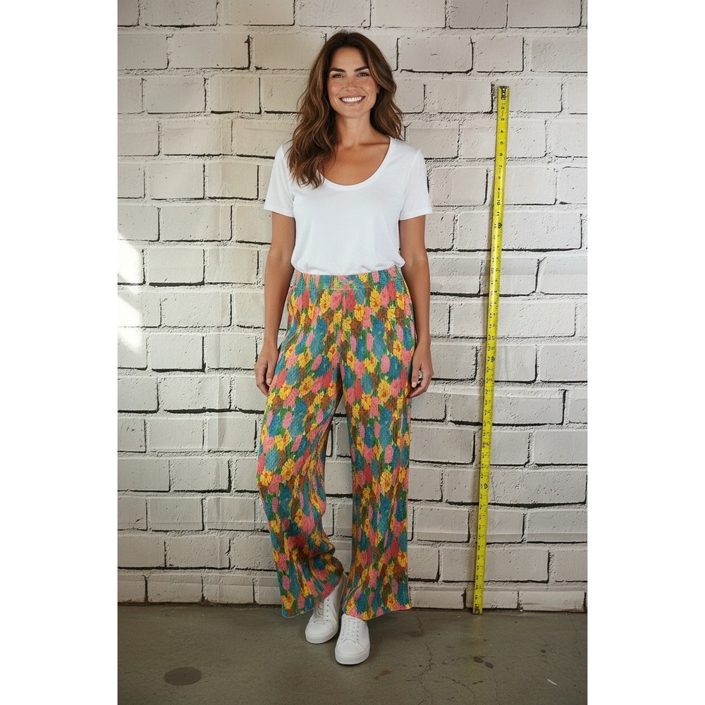 Zara Floral Plisse Wide Leg Pants Multicolor Accordion Pleat Trousers Large